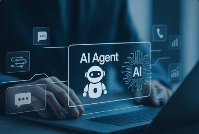 Persona usando una laptop con una interfaz de agente de inteligencia artificial proyectada